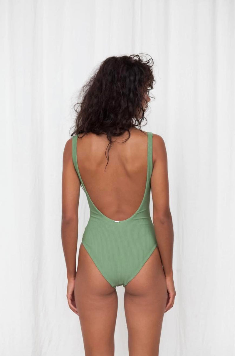 RIBBED PLUNGE ONE PIECE - SAGE